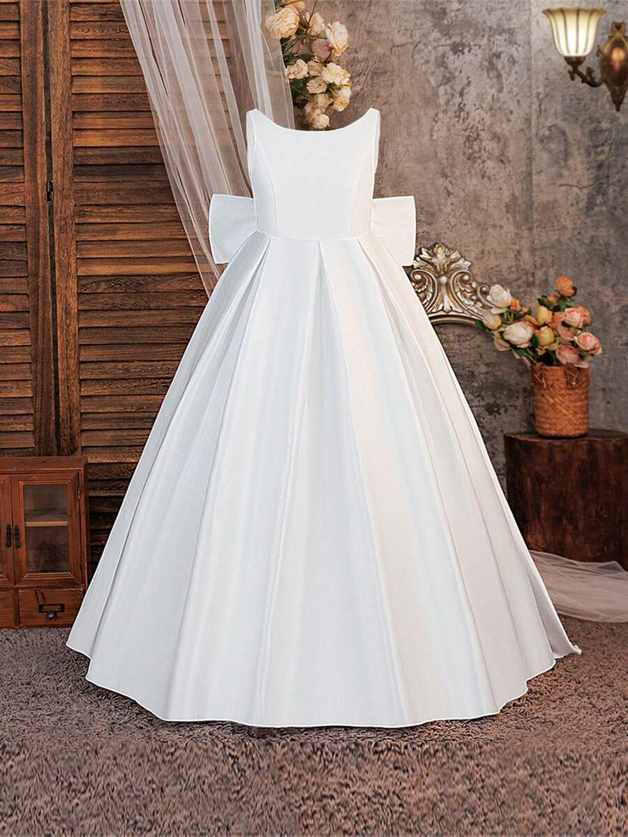 少女露背蝴蝶结洗礼公主花童礼服，优雅拖尾婚礼伴娘派对礼服，生日表演宴会主持人礼服 - 白色 - 查看 1