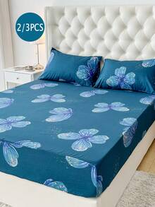 2/3 Pcs Butterfly Fitted Sheet Set ( 1 Fitted Sheet 1/2 Pillowcases No Comforter).Bedding For Boys' And Girls' Dormitories,School Bedding,Dormitory Decoration