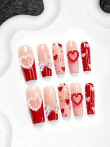 10pcs Red Romantic Valentine's Day Nail Art Set, Hand-Painted Heart Fake Nails, French Press-On Nails, Heart & Bow Nail Decorations, Gel Nail Kit, Includes Nail Tools (1 Jelly Sticker + 1 Nail File), 3 Sizes Available: Almond, Duck Mouth, Coffin, Suitable For Party, Anniversary, Valentine's Day, Daily Nail Care - 彩色 - 查看 12