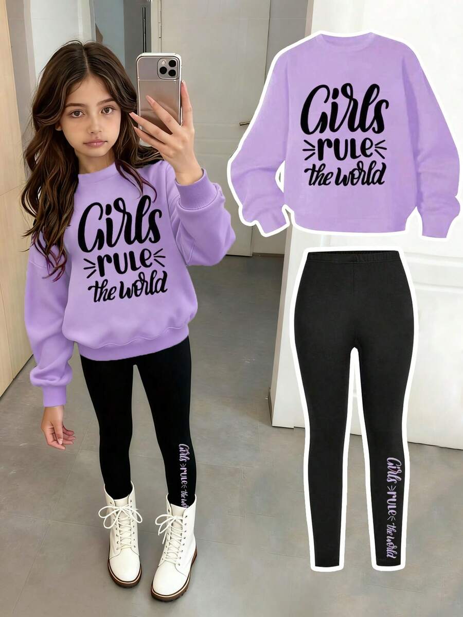 Tween Girl Letter Graphic Print Warm Crew Neck Sweater And Leggings Set