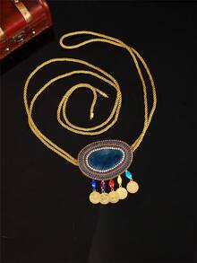 Moroccan Style Rope Waist Chain Tassels & Rhinestone Pearl Decor Adjustable Waist Belt, Suitable For Various Occasions - Yellow Rope + Blue (random Pattern In the Middle) - View 8