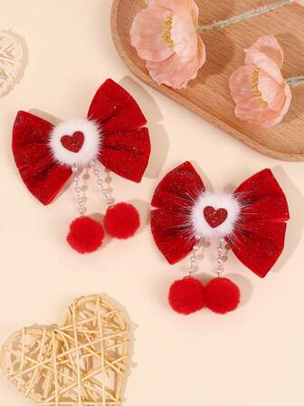 2pcs Sparkly Red Hair Bows For Women Girls Glitter Heart Bow Alligator Clips White Fluffy Pompom Hair Clips Faux Pearls Red Pompom Tassel Barrettes Cute Sweet Hairpins Holiday Gift Hair Bows Women Hair Accessories, Claw Clips, Hair Slide