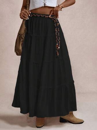 Plain Ruffle Hem Casual Elegant A-Line Skirt, Black, Layered Skirt, Winter Women Clothing