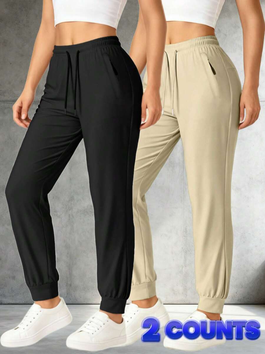2-Pack Women's Lightweight Quick-Dry Running Pants Loose Casual Pants With Zippered Pockets - High Stretch Fabric For Gym & Yoga - Đen + Xám - Xem 1