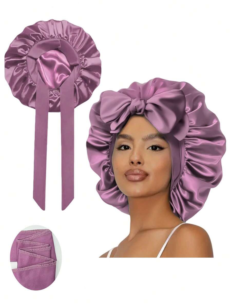 4件装女士缎面睡帽，弹性绑带设计，光滑丝滑，彩色缎面材质，休闲居家日常护发睡帽