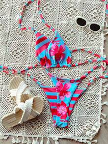 女士新款休闲可爱蓝粉色碎花条纹双面比基尼套装 - 彩色 - 查看 5