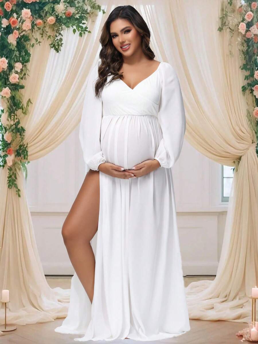 孕妇半透明雪纺灯笼袖 V 领连衣裙侧高开叉摄影礼服适合拍摄婴儿洗礼
