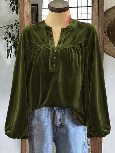 Women's Casual Autumn And Winter Solid Color Loose Versatile Button Decoration V-Neck Long Sleeve Shirt,Fall Outfits Women,Winter Clothes For Women ,Halloween Shirt,Brown Blouse