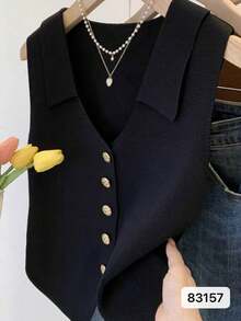 1件女士撞色领针织无袖背心，法式短款毛衣背心，带假领，杏仁色/驼色/黑白配色，适合圣诞装饰 - 韓版時尚百搭假領子 - 查看 5