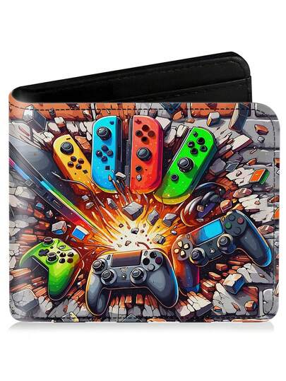 1pc Bifold Wallet, Fashion Boy's Wallet, Minimalist Card Holder, Large Capacity Short Wallet, Portable Wallet, Gaming Style, Contrast Color Design