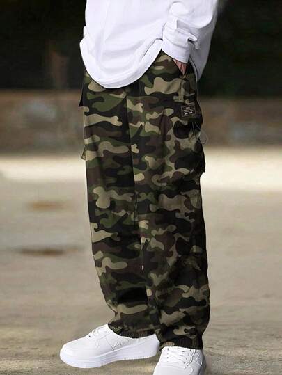 1pc Men Camo Multi-Pocket Cargo Pants, Street Hip-Hop Loose Drawstring Ankle-Length Pants, Casual Outdoor Sports Trousers, Spring & Autumn, Fall