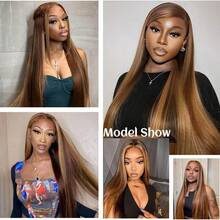 200% Density Honey Ombre Straight 28/30 Inch 13x4 High Definition Lace Front Human Hair Blend Wig, Brazilian Virgin Hair, HD Transparent Lace Front Wig, For Women, Pre-Plucked, With Baby Hair, Pre-Bleached Knots, Natural Hairline - SP4/27 - View 5