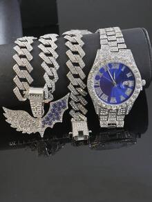 Conjunto de collar con colgante de alas de murciélago con diamantes y reloj de esfera azul con diamantes completos, joyería con cadena cubana con brillo para raperos y ropa urbana - Azul - Ver 21