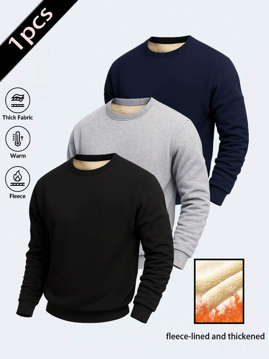 Men's Casual Thermal Lined Warm Crew Neck Sweatshirt, Autumn/Winter - Black - View 1