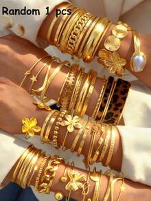 隨機 25/21/19/16/8/4/1件裝復古時尚優雅金屬多款手鐲套組，老錢風幾何不對稱豹紋厚樹脂手鐲，仿珍珠五瓣花蝴蝶結圓盤波浪寬版袖口手鐲，極簡個性誇張飾品，適合女性，夏季情侶派對聚會音樂節婚禮約會禮物，日常百搭（隨機發貨） - 彩色 - 查看 16