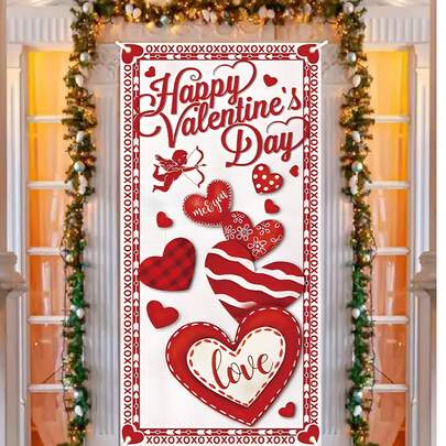 Happy Valentines Day Door Cover Cupid Heart Print Valentines Banner Door Decorations For Home Holiday Party