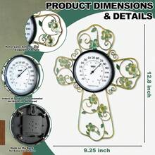 Termômetro de parede para ambientes internos com design de cruz e flores - Decoração metálica para sala de oração cristã, termômetro de parede com flor verde para sala de estar e quarto - Medidor de temperatura preciso