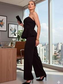 Conjunto Feminino Calça Reta com Ziper Linho Misto e Blusa Decote Peplum Linho Elegante Premium Verão Ano Novo Revellion