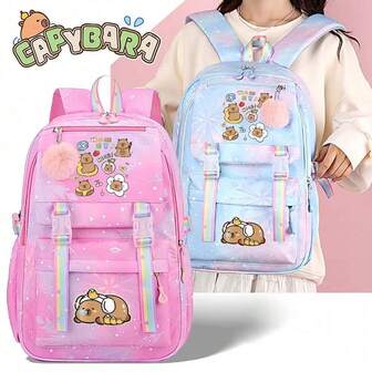 Mochila casual de capibara | Mochila escolar de poliéster ligera con correas ajustables | Gran capacidad | Cierre con cremallera y bolsillo delantero | Diseño de dibujos animados alegre | Ideal para estudiantes, mochila escolar de gran capacidad con múltiples compartimentos, perfecta para volver a la escuela y regalos de Navidad