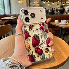 Funda de Teléfono Color Crema Patrón Floral de Fresa Cereza Abeja Para iPhone 14 15 Pro Max  Galaxy S23 S24 Plus Opción de Regalo Ideal Para Todas las Estaciones - Plateado - Ver 1