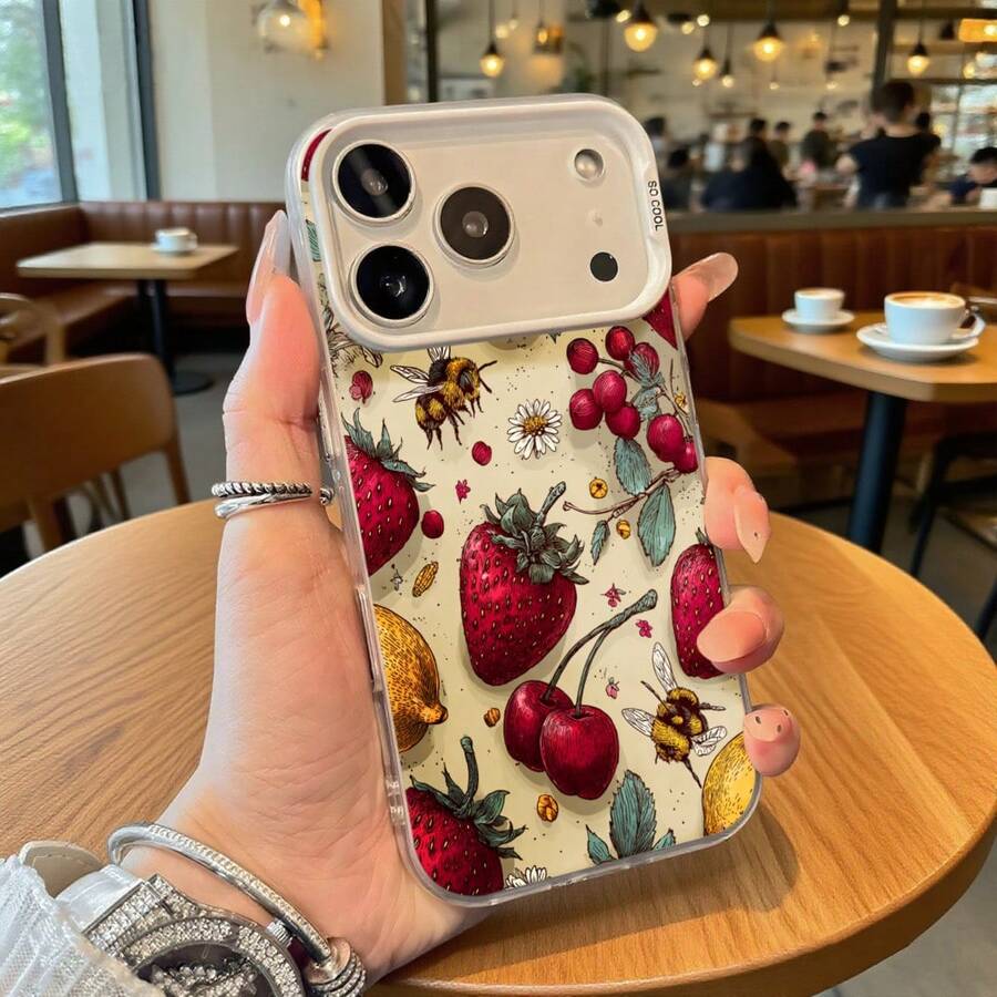 Funda de Teléfono Color Crema Patrón Floral de Fresa Cereza Abeja Para iPhone 14 15 Pro Max Galaxy S23 S24 Plus Opción de Regalo Ideal Para Todas las Estaciones - Plateado - Ver 1