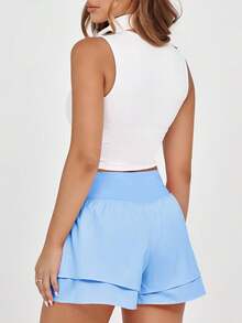 Fisoew Absorbs Sweat Breathable High Waisted Sports Shorts Sweater Shorts - Sleek Style Comfy Oversized Fit Ruffle Tiered Running Shorts With Built-In Shorts, Y2K Tennis Workout Shorts, Clean Girl Coquette Aesthetic, Daily Wear | Casual Chic - 天藍色 - 查看 7