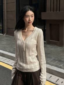 Women's Hollow Out Knit Sweater, V-Neck Long Sleeve Slim Fit Casual Top, Suitable For Early Autumn - Apricot - View 2