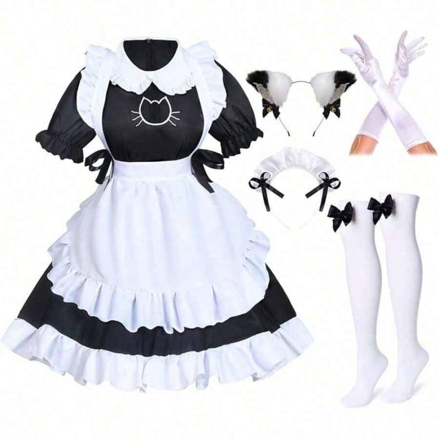 NEW Anime French Maid Apron Fancy Dress Cosplay Costume Headwear Gloves Socks Set - màu đen - Xem 1