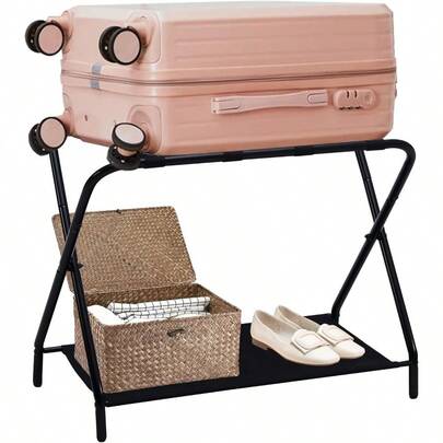 - Metal Foldable Luggage Rack Suitcase Stand With Back Perfect For Guest Room Bedroom Hotel Chrome/Black