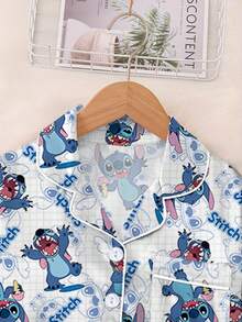 Disney Bộ đồ ngủ 2 mảnh in hình hoạt hình Stitch dành cho bé gái tuổi teen, kiểu dáng dễ thương, thoải mái, tay dài, cạp chun, quần dài, chất liệu lụa mềm mại, thoáng khí, phù hợp mặc ở nhà mọi mùa. - trắng - Xem 5