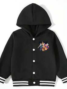 1 Piece  Cartoon Print Girls Baseball Jacket Winter Warm Zip Up Outerwear Street Style Casual School  Fashion - Black - View 4