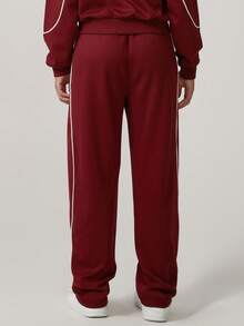 NcmRyu 1件装 女士高腰直筒条纹运动裤，带侧袋 - 酒紅色 - 查看 3