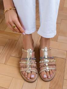 Sandales Plates Bohèmes à Brides Fantaisie Multicolores Et Strass - Gold - View 2