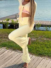 Women Y2k Ruffled Flared Yoga Pants Solid Color Slim Fit High Rise Elastic Waistband Trousers For Yoga Fitness Leggings Casual Wear - 白色 - 查看 4