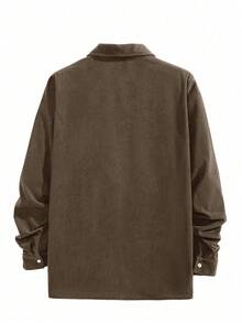 Men's Corduroy Collar Long Sleeve Polo Shirt, Casual Loose Fit Solid Color Pullover Top, For Spring & Autumn - Coffee Brown - View 2