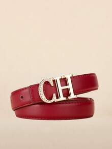 Minimalist Fashion Women's Belt, Metal Buckle With Rhinestone Design, Made Of Artificial PU Leather, Smooth Texture, Durable Material, Suitable For Pants And Dresses, Daily And Formal Occasions