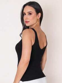 Women's Basic Ribbed Modal Knit Tank Top With Wide Straps, Casual Knit Summer Blouse - Black - View 2