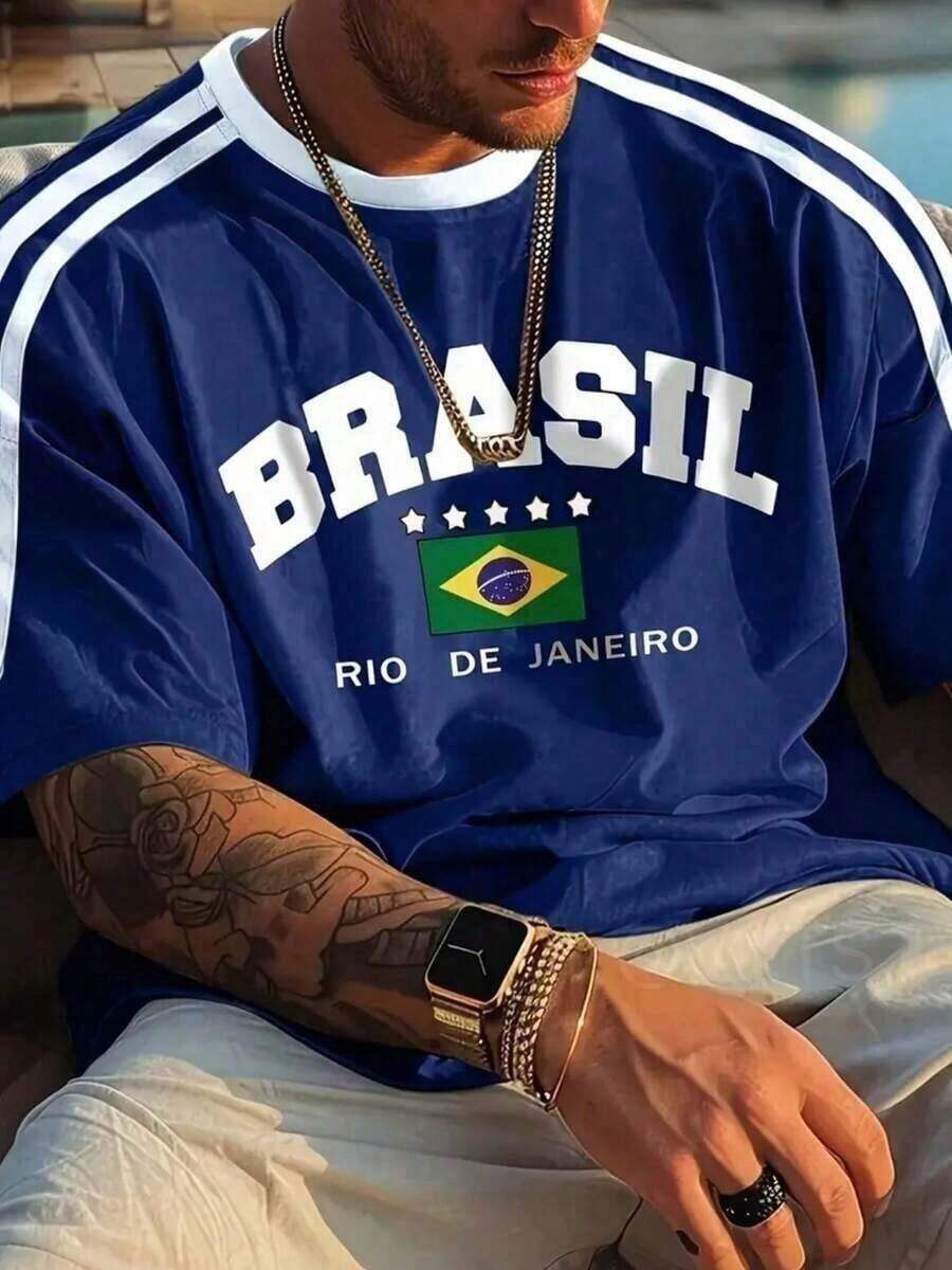 Men's Brazil Football T-Shirt, Short Sleeve, Timi Casual Summer T-Shirt - Biru - View 1