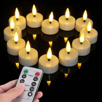 6/12/24个装LED茶蜡，带定时器/遥控器，电子LED蜡烛，3D闪烁火焰蜡烛，燃烧时间长，电池供电，无烟无焰许愿蜡烛，适用于节日、万圣节、圣诞节、情人节、餐桌、客厅、派对、节日装饰 [能效等级A++]