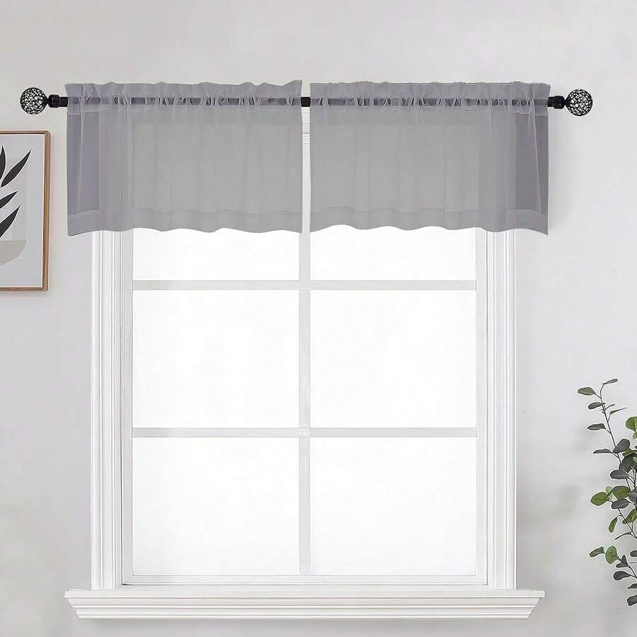 Grey Sheer Kitchen Valance For Windows Set Of 2, Small Modern Rod Pocket Voile Valance Curtain Window Treatment Decor For Living Room Bathroom Cafe Laundry Basement, 42inch W X 14inch L,42inchWx14inchL(Packof2),Grey - 灰色 - 查看 1
