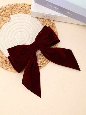 1件奢华天鹅绒大号酒红色蝴蝶结发饰，别致发带蝴蝶结发夹，时尚发饰，适合日常佩戴、派对和冬季装扮，爪夹，发夹，发卡