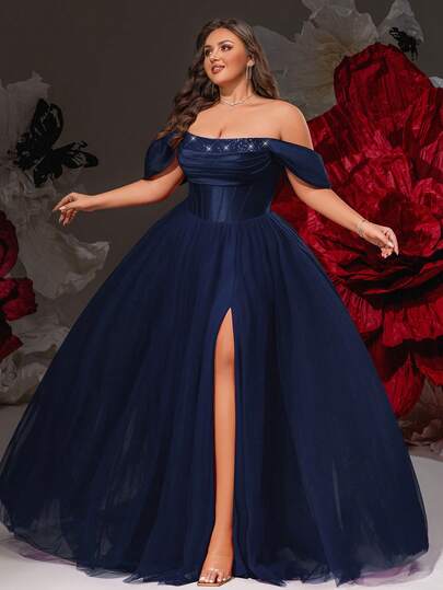 VIPGIRL Plus Size Elegant Navy Blue Off-Shoulder Sheer Dress, With Structured Satin Bustier And High Slit Design, Formal Evening Gown, Suitable For Red Carpet, Eid Al-Fitr