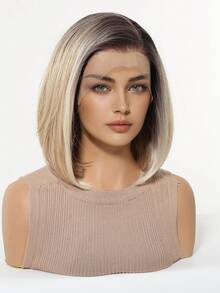 13*4 High Definition Lace Front Wig, 10 Inch Ombre Short Wavy Lace Wig, 120% Density, Premium Handmade Lace Wig For Women, Heat Resistant Synthetic Lace Wig, Suitable For All Occasions And Daily Wear, Easy To Wear, Perfect Gift For Girls During Holidays - Ombre - View 7