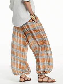 Women Baggy Balloon Pants Bubble Pleated Oversized Bloomers Wide Leg Lantern Harem Bloomer Pants - 橘色 - 查看 3