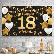 1 Item, Birthday Happy Background Banner, Birthday Party Decoration, Black And Gold Poster Photo Booth Background Banner, Suitable For Male And Female 18-Year-Old Birthday Party Supplies - Multicolor - View 2