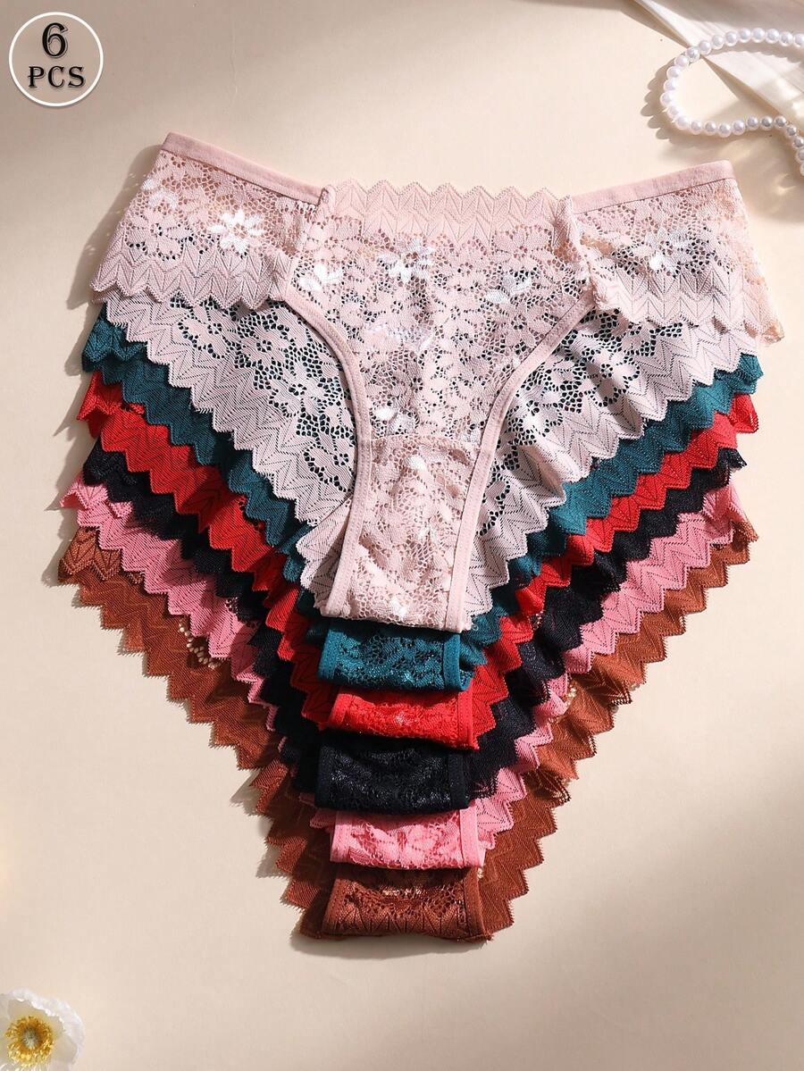 6条/包 性感蕾丝拼接低腰无痕比基尼内裤 - 透气柔软女士日常及瑜伽无痕内衣