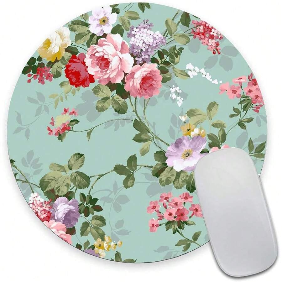 Pad, Mint Floral Teal Pad, Washable Round Pad With Lycra Cloth, Non-Slip Rubber Base Small Wireless Pads For Office Laptop,17MintFloralTeal - 17MintFloralTeal - View 1