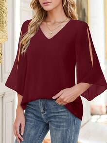 CheersLife Blusa holgada con volantes, cuello en V, cinturón y doble capa de malla para mujer talla grande, primavera - Burdeos - Ver 2