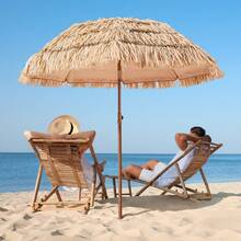 Tiki Umbrella, 6.5 Ft Thatched Patio Umbrella With Tilt, Hawaiian Style Beach Parasol With Durable PP Thatch And 8 Metal Ribs, Grass Pool Umbrellas For Beach, Patio, Poolside, Backyard & Garden - 棕色 - 查看 9