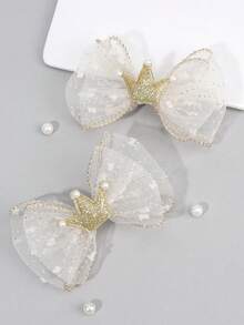 2 piezas Clips de pelo con corona de perlas y malla, adecuados para niñas, diseño de corona dorada, accesorios de pelo lindos, adecuados para todas las estaciones, adecuados para la vida diaria y fiestas de cumpleaños, decoraciones de pelo para adolescentes - Multicolor - Ver 1